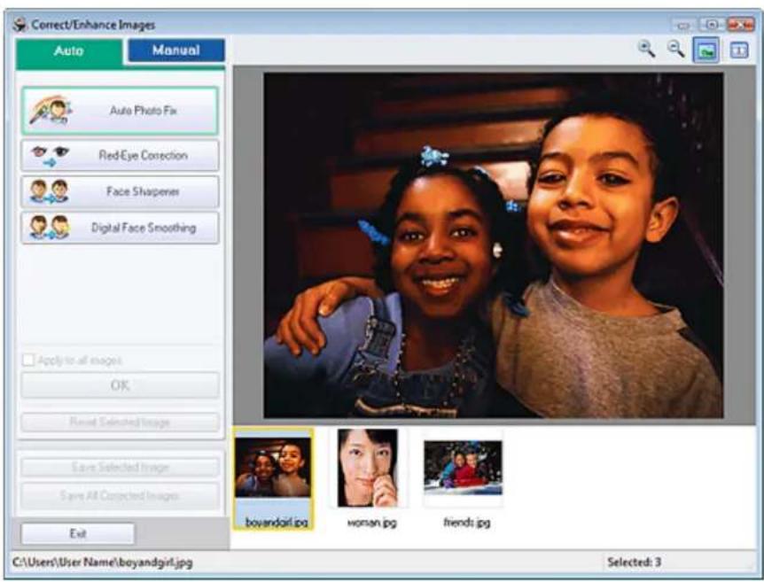 Correct/Enhance Images Auto Manual Auto Photo Fix Red-Eye Correction Face Shaperies Digital Face Smoothing Apply to all images OK Read Selected Image Save Selected Image Save All Corrected Images Exit C:\Users\User Name\boyandgirl.jpg Selected: 3