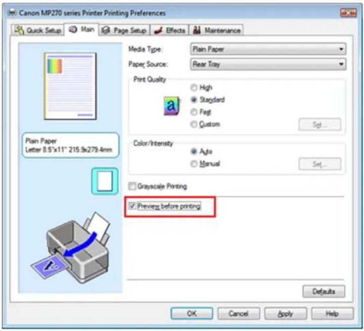 Canon MP270 series Printer Printing Preferences Quick Setup Main Page Setup Effects Maintenance Media Type: Plain Paper Paper Source: Rear Tray Print Quality High Standard Fagt Custom Color/Intensity Auto Manual Set... Grayscale Printing Preview before printing Defaults OK Cancel Apply Help Plain Pa…