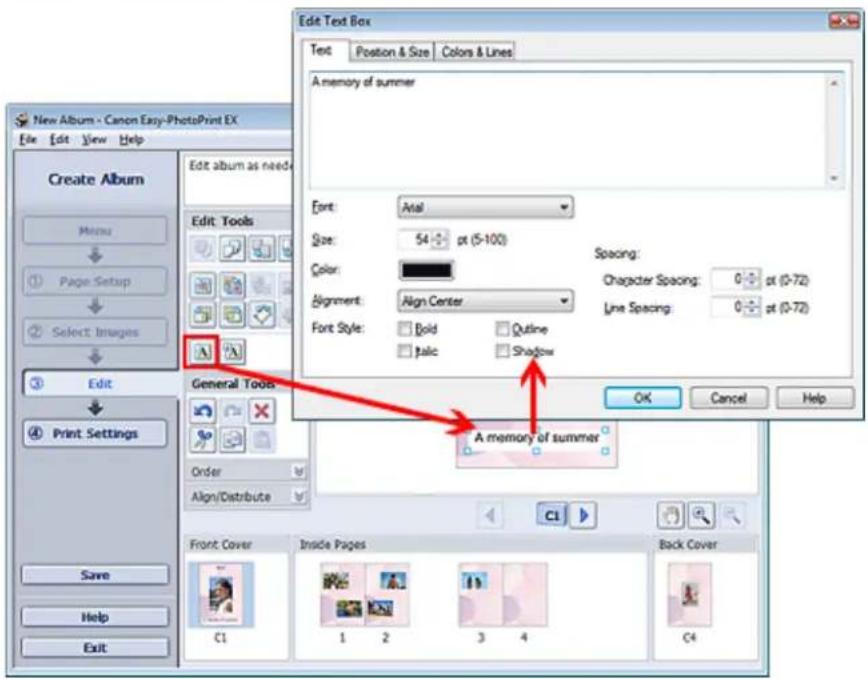 New Album - Canon Easy-PhotoPrint EX File Edit View Help Create Album Menu Page Setup Select Images Edit Print Settings Save Help Exit Edit album as need Edit Tools General Tools Order Align/Distribute Front Cover C1 Inside Pages 1 2 3 4 Back Cover Text Position & Size Colors & Lines A memory of sum…