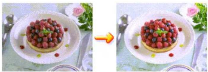Two photos showing a dessert with red berries and green garnish on a white plate, one being cut with an arrow (no text or symbols)