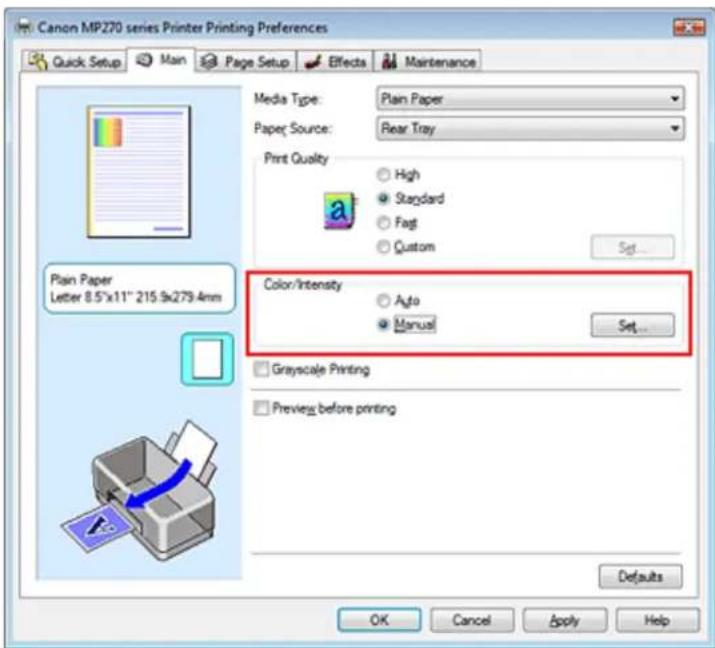 Canon MP270 series Printer Printing Preferences Quick Setup Main Page Setup Effects Maintenance Media Type: Plain Paper Paper Source: Rear Tray Print Quality High Standard Fagt Custom Color/Intensity Ago Manual Set... Plain Paper Letter 8.5"x11" 215.9x279.4mm Grayscale Printing Preview before printi…