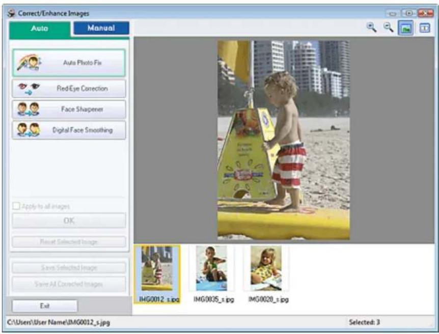 Correct/Enhance Images Auto Manual Auto Photo Fix RedEye Correction Face Sharpener Digital Face Smoothing Apply to all images OK Reset Selected Image Save Selected Image Save All Corrected Images Exit IMG0012_s.jpg IMG0025_s.jpg IMG0020_s.jpg Selected: 3 CA:\Users\User Name\IMG0012_s.jpg