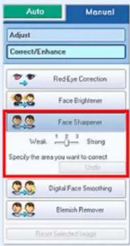 Auto Adjust Correct/Enhance Red-Eye Correction Face Brightener Face Sharperer Weak 1 2 3 Strong Specify the area you want to correct Undo Digital Face Smoothing Blenish Remover Reset Selected Image