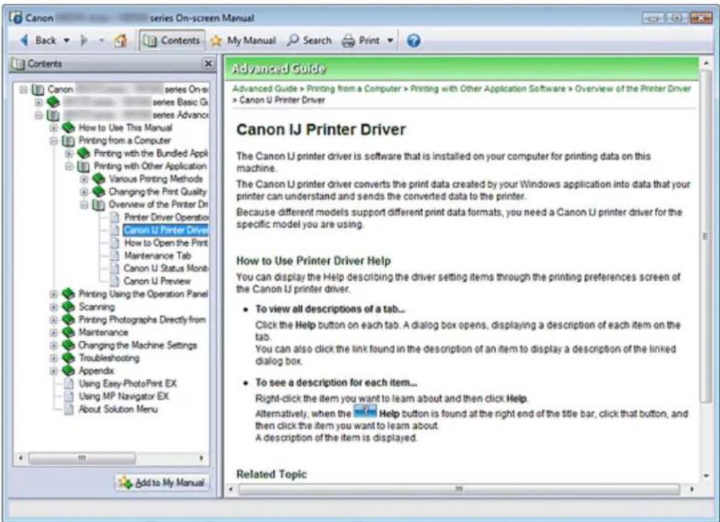 Canon series On-screen Manual Back Contents My Manual Search Print Advanced Guide Advanced Guide > Printing from a Computer > Printing with Other Application Software > Overview of the Printer Driver > Canon U Printer Driver Canon IJ Printer Driver The Canon U printer driver is software that is inst…