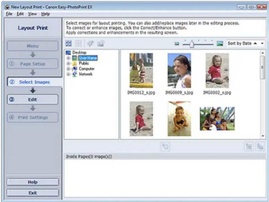 New Layout Print - Canon Easy-PhotoPrint EX File Edit View Help Layout Print Menu ① Page Setup ② Select Images ③ Edit ④ Print Settings Help Exit Select images for layout printing. You can also add/replace images later in the editing process. To correct or enhance images, click the Correct/Enhance bu…