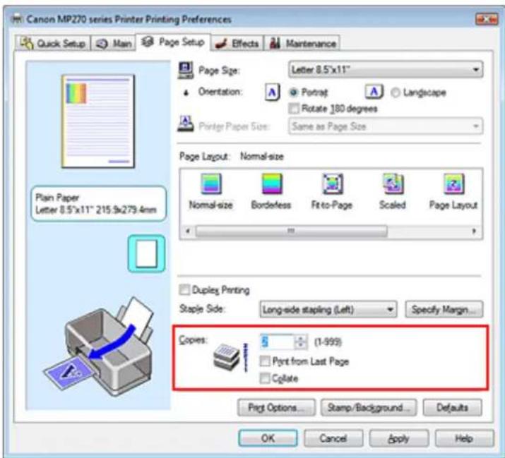 Canon MP270 series Printer Printing Preferences Quick Setup Main Page Setup Effects Maintenance Page Size: Letter 8.5"x11" Orientation: Potraj Landscape Rotate 180 degrees Printer Paper Size: Same as Page Size Page Layout: Normal-size Normal-size Borderless Fit-to-Page Scaled Page Layout Duplex Prin…