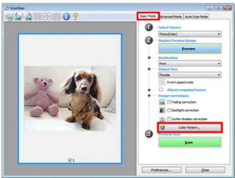 ScanGear Basic Mode Advanced Mode Auto Scan Mode Select Source Photo(Color) Display Preview Image Preview Destination Print Output Size Flexible Invert aspect ratio Adjust cropping frames Image corrections Fading correction Backlight correction Gutter shadow correction Color Pattern... Performs Scan…