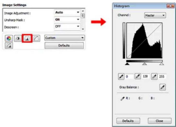 Image Settings Image Adjustment : Auto Unsharp Mask : ON Descreen : OFF Custom Defaults Histogram Channel : Master 0 128 255 Gray Balance : R : G : B : Defaults Close
