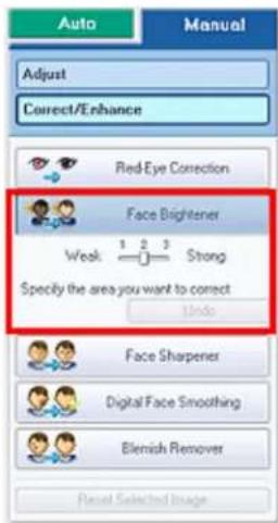 Auto Adjust Correct/Enhance Red-Eye Correction Face Brightener Weak 1 2 3 Strong Specify the area you want to correct Undo Face Sharpener Digital Face Smoothing Blenish Remover Reset Selected Image