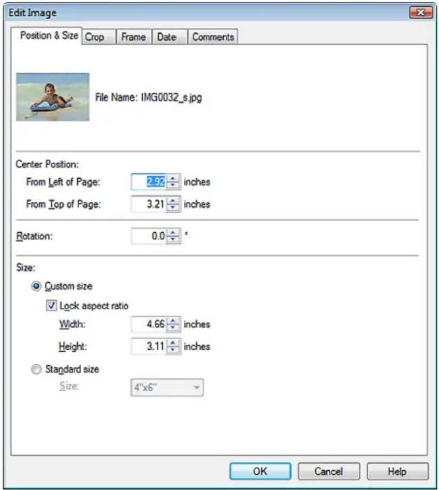 Edit Image Position & Size Crop Frame Data Comments File Name: IMG0032_s.jpg Center Position: From Left of Page: 2.92 inches From Top of Page: 3.21 inches Rotation: 0.0 ° Size: Custom size Lock aspect ratio Width: 4.66 inches Height: 3.11 inches Standard size Size: 4"x6" OK Cancel Help