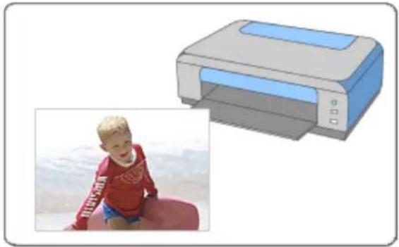 Illustration of a child playing with a printer on a beach (no text or symbols visible)