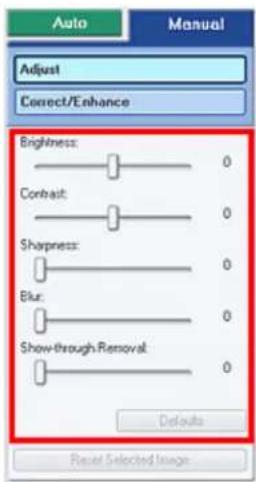 Auto Manual Adjust Correct/Enhance Brightness: 0 Contrast: 0 Sharpness: 0 Blur: 0 Show-through Removal: 0 Defaults Reset Selected Image