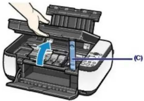 Diagram of a printer with labeled parts, showing paper feeding into a printer's internal structure.