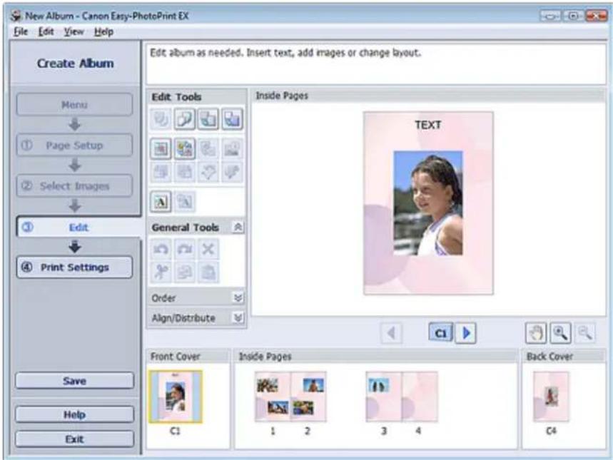 New Album - Canon Easy-PhotoPrint EX File Edit View Help Create Album Edit album as needed. Insert text, add images or change layout. Edit Tools Inside Pages TEXT General Tools Order Align/Distribute Front Cover Inside Pages Back Cover C1 1 2 3 4 C4 Save Help Exit
