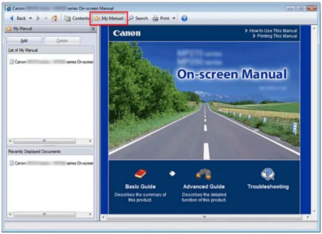 Canon series On-screen Manual Back Contents My Manual Search Print Add Delete List of My Manual Canon series On-screen Recently Displayed Documents Canon series On-screen Canon On-screen Manual Basic Guide Describes the summary of this product. Advanced Guide Describes the detailed function of this…