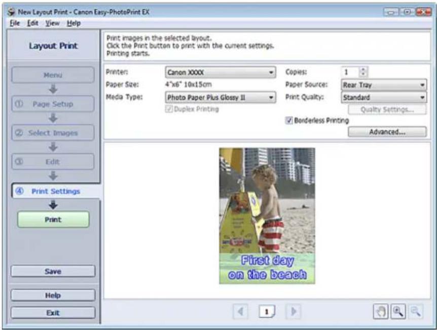 New Layout Print - Canon Easy-PhotoPrint EX File Edit View Help Layout Print Menu ① Page Setup ② Select Images ③ Edit ④ Print Settings Print Save Help Exit Print images in the selected layout. Click the Print button to print with the current settings. Printing starts. Printer: Canon XXXX Paper Size:…