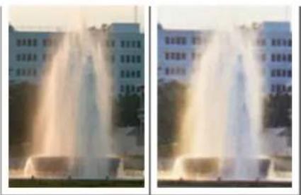 Two side-by-side photos of a fountain in front of a building, showing light reflections and no visible text or symbols.