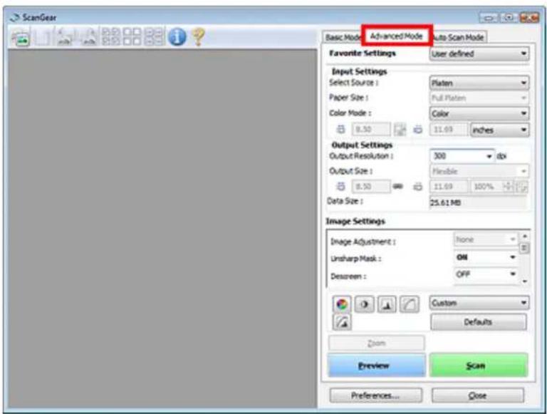 ScanGear Basic Mode: Advanced Mode Auto Scan Mode Favorite Settings User defined Input Settings Select Source : Platen Paper Size : Full Platen Color Mode : Color 8.50 11.69 Inches Output Settings Output Resolution : 300 dbx Output Size : Flexible 8.50 11.69 100% Data Size : 25.61 MB Image Settings…