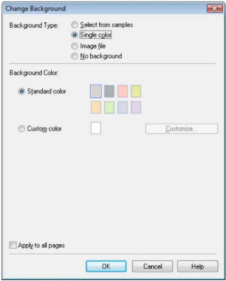 Change Background Background Type: Select from samples Single color Image file No background Background Color: Standard color Custom color Customize... Apply to all pages OK Cancel Help