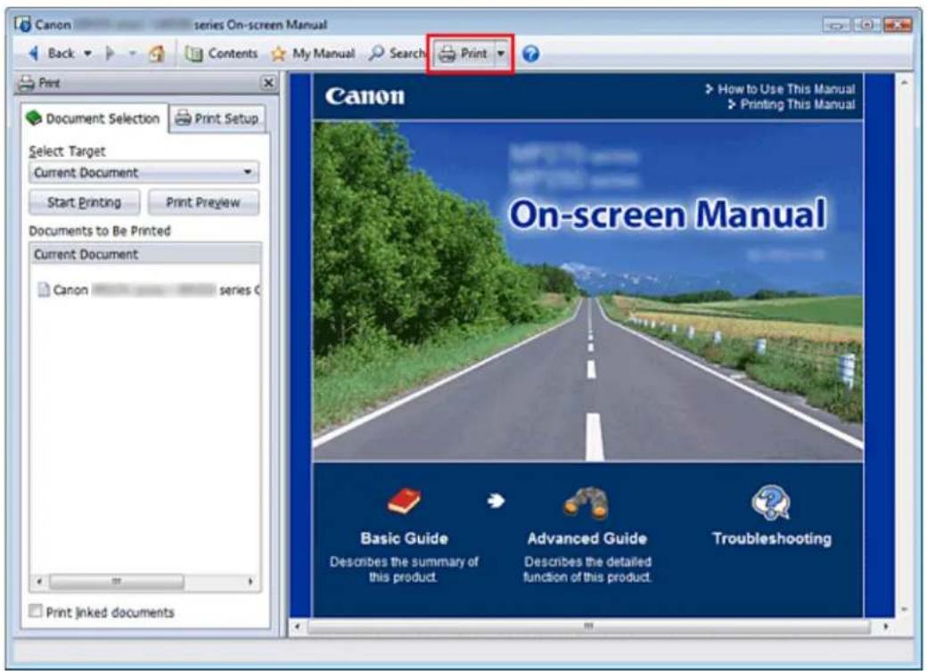 Canon series On-screen Manual Back Contents My Manual Search Print Print Document Selection Print Setup Select Target Current Document Start Printing Print Preview Documents to Be Printed Current Document Canon series C On-screen Manual Basic Guide Describes the summary of this product. Advanced Gui…