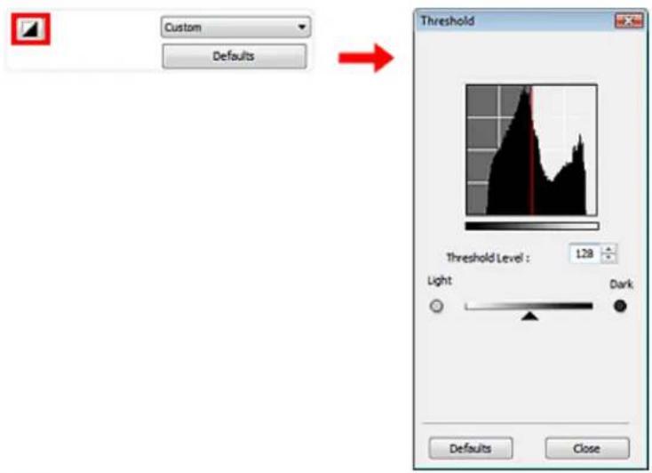 Custom Defaults Threshold Threshold Level : 128 Light Dark Defaults Close