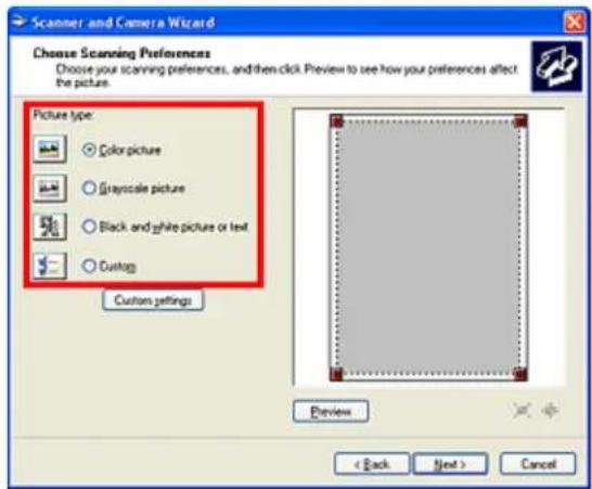 Scanner and Camera Wizard Choose Scanning Preferences Choose your scanning preferences, and then click. Preview to see how your preferences affect the picture. Picture type: Color picture Gray-scale picture Black and white picture or text Customs Custom settings Preview < Back Next > Cancel