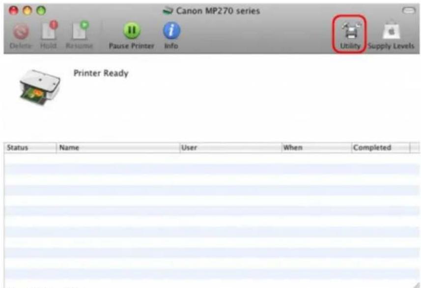 Canon MP270 series Delete - Hold - Resume - Pause Printer - Info Utility Supply Levels Printer Ready Status Name User When Completed