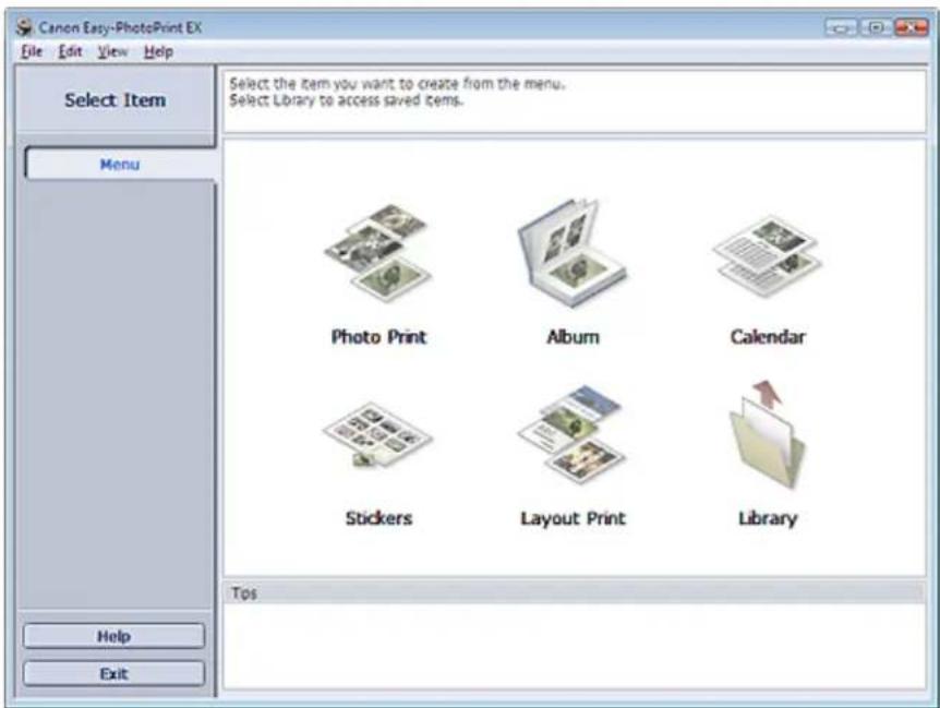 Canon Easy-PhotoPrint EX File Edit View Help Select Item Menu Select the item you want to create from the menu. Select Library to access saved items. Photo Print Album Calendar Stickers Layout Print Library Tos Help Exit