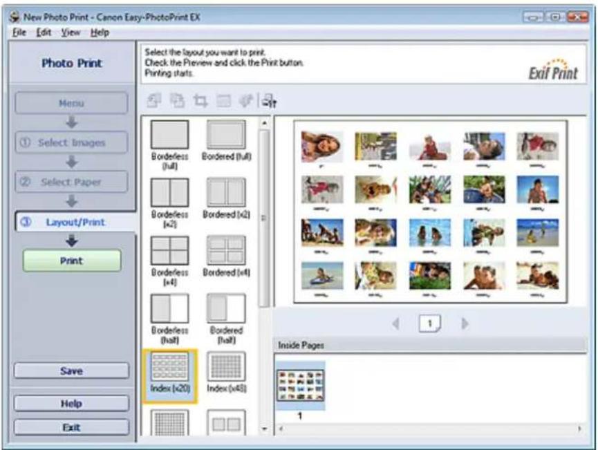 New Photo Print - Canon Easy-PhotoPrint EX File Edit View Help Photo Print Menu ① Select Images ② Select Paper ③ Layout/Print Print Save Help Exit Select the layout you want to print. Check the Preview and click the Print button. Printing starts. Exif Print Borderless (full) Bordered (full) Borderle…