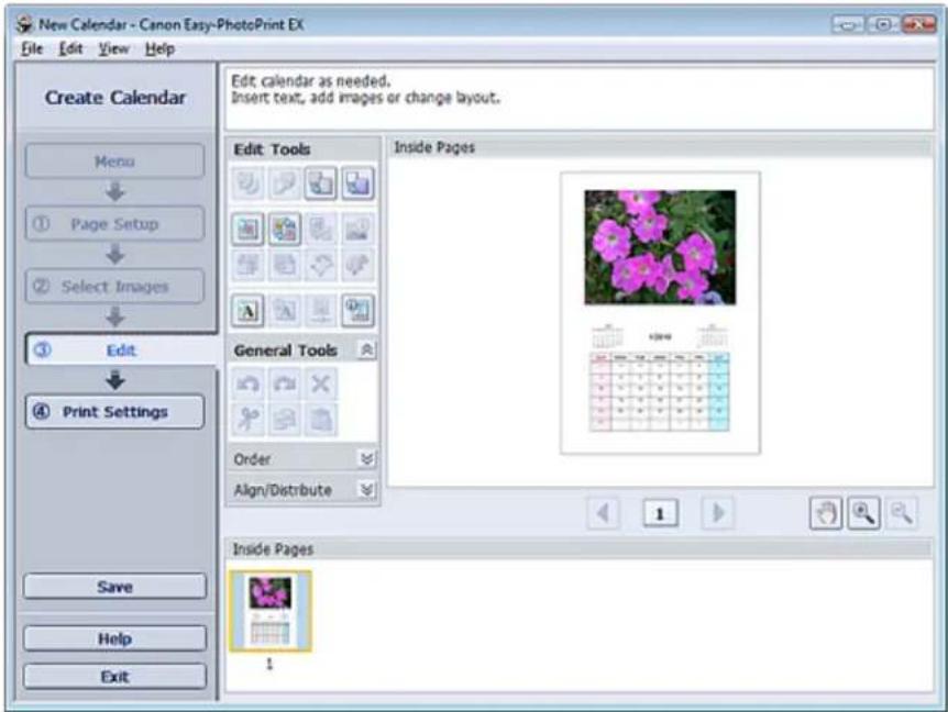 New Calendar - Canon Easy-PhotoPrint EX File Edit View Help Create Calendar Edit calendar as needed. Insert text, add images or change layout. Menu Page Setup Select Images Edit Print Settings Save Help Exit Edit Tools General Tools Order Align/Distribute Inside Pages Inside Pages