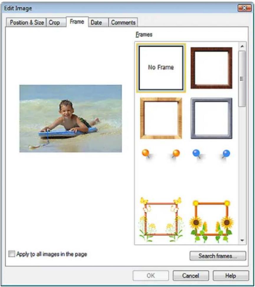 Edit Image Position & Size Crop Frame Date Comments Frames No Frame Apply to all images in the page Search frames... OK Cancel Help