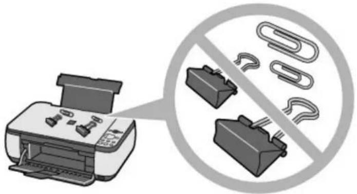 Illustration of a printer with no visible text or symbols, including a crossed-out paperclip and plastic clip (no text or symbols present)