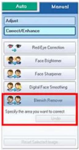 Auto Adjust Correct/Enhance Red-Eye Correction Face Brightener Face Sharpener Digital Face Smoothing Elenish Remover Specify the area you want to correct Undo Reset Selected Image