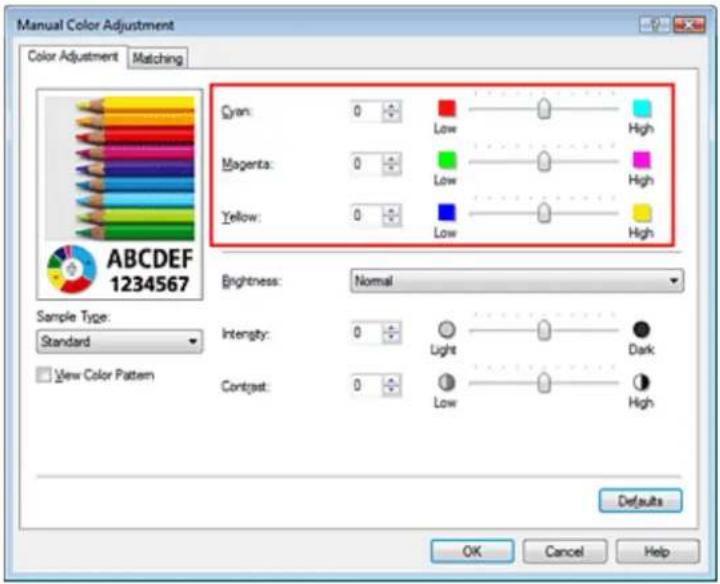 Manual Color Adjustment Color Adjustment Matching Gren: 0 Low High Magenta: 0 Low High Yellow: 0 Low High Brightness: Normal Sample Type: Standard Intensity: 0 Light Dark View Color Pattern Contrast: 0 Low High Defaults OK Cancel Help