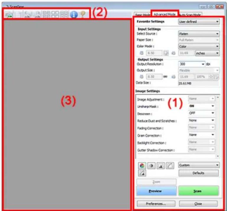 (3) Basic Mode Advanced Mode Run Scan Mode Favorite Settings User defined Input Settings Select Source : Platen Paper Size : Full Platen Color Mode : Color 8.50 11.69 inches Output Settings Output Resolution : 300 dx Output Size : Flexible 8.50 11.69 100% Data Size : 25.61 MB Image Settings Image Ad…