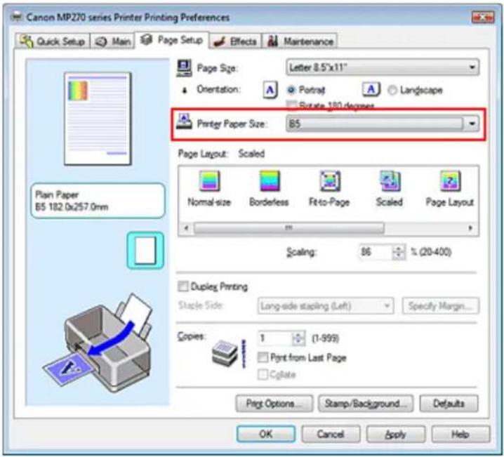 Canon MP270 series Printer Printing Preferences Quick Setup Main Page Setup Effects Maintenance Page Size: Letter 8.5"x11" Orientation: A Portrait A Landscape Rotate 180 degrees Printer Paper Size: B5 Page Layout: Scaled Normal-size Borderless Fit-to-Page Scaled Page Layout Scaling: 86 % (20-400) Du…