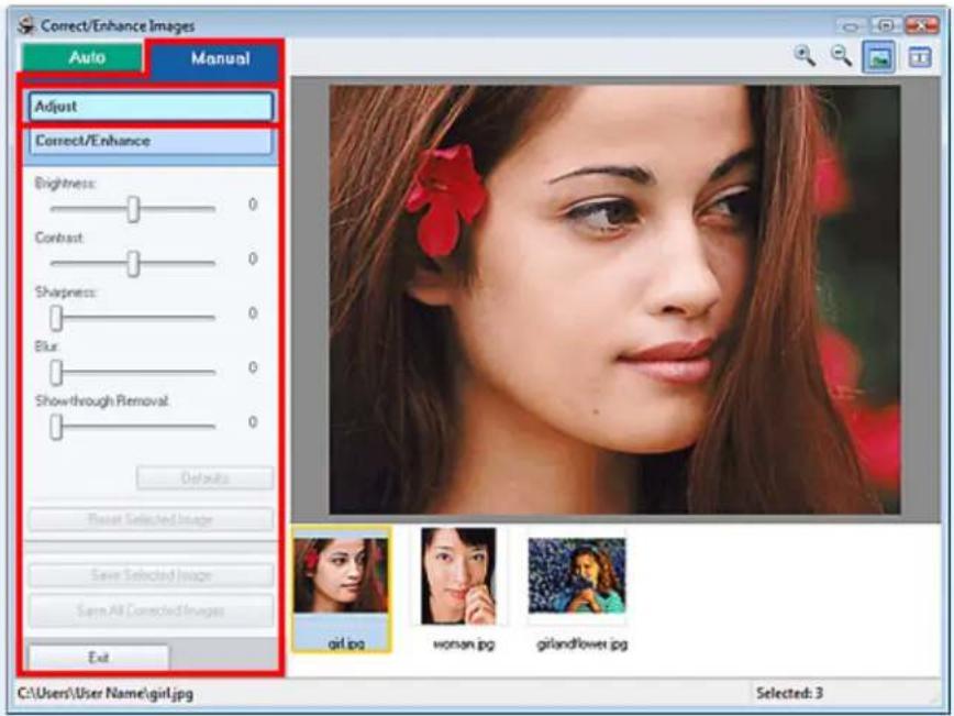 Correct/Enhance Images Auto Manual Adjust Correct/Enhance Brightness 0 Contrast 0 Sharpness 0 Blur 0 Show-through Removal 0 Defaults Reset Selected Image Save Selected Image Save All Corrected Image Exit C:\Users\User Name\girl.jpg Selected: 3