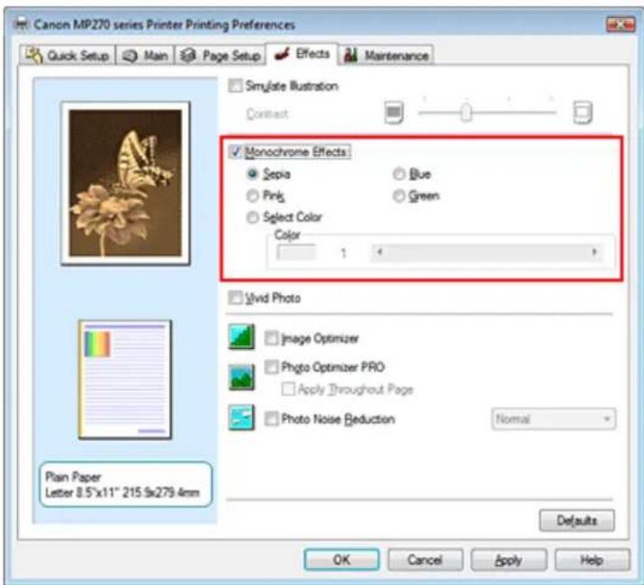 Canon MP270 series Printer Printing Preferences Quick Setup Main Page Setup Effects Maintenance Simulate Illustration Contrast Monochrome Effects Sepia Blue Pink Green Select Color Color 1 Plain Paper Letter 8.5"x11" 215.9x279.4mm Visual Photo Image Optimizer Photo Optimizer PRO Apply Throughout Pag…