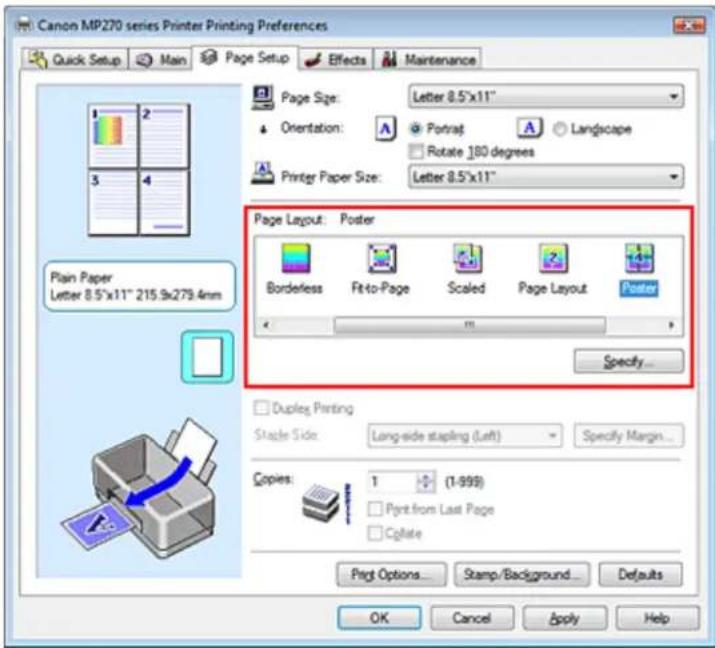 Canon MP270 series Printer Printing Preferences Quick Setup Main Page Setup Effects Maintenance Page Size: Letter 8.5"x11" Orientation: Potraj A Landscape Rotate 180 degrees Printer Paper Size: Letter 8.5"x11" Page Layout: Poster Borderless Fit-to-Page Scaled Page Layout Poster Specify... Plain Pape…