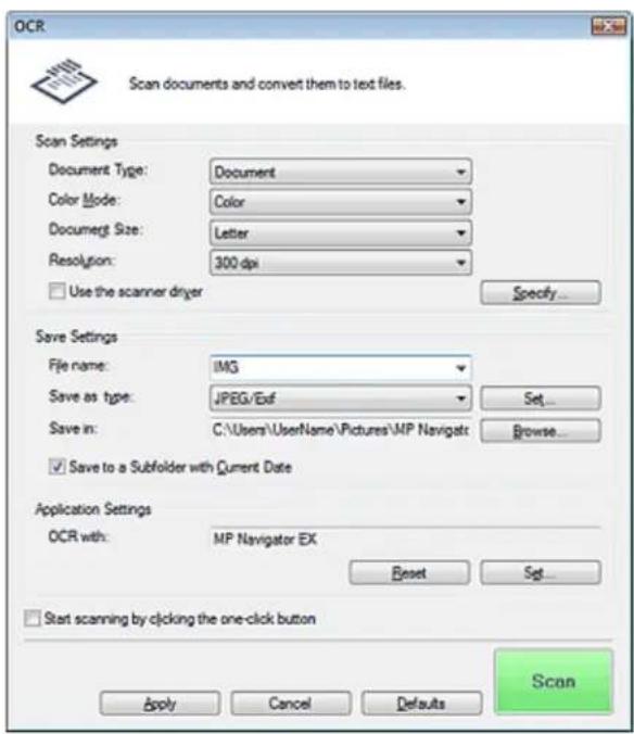 OCR Scan documents and convert them to text files. Scan Settings Document Type: Document Color Mode: Color Document Size: Letter Resolution: 300 dpi Use the scanner dryer Specify... Save Settings File name: IMG Save as type: JPEG/Exf Save in: C:\Users\UserName\Pictures\MP Navigator Browse... Save to…