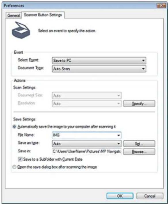 Preferences General Scanner Button Settings Select an event to specify the action. Event Select Event: Save to PC Document Type: Auto Scan Actions Scan Settings: Document Size: Auto Resolution: Auto Specify... Save Settings: Automatically save the image to your computer after scanning it File Name:…