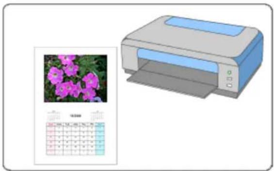 Illustration of a printer with a calendar and flower image, no visible text or symbols on the main objects.