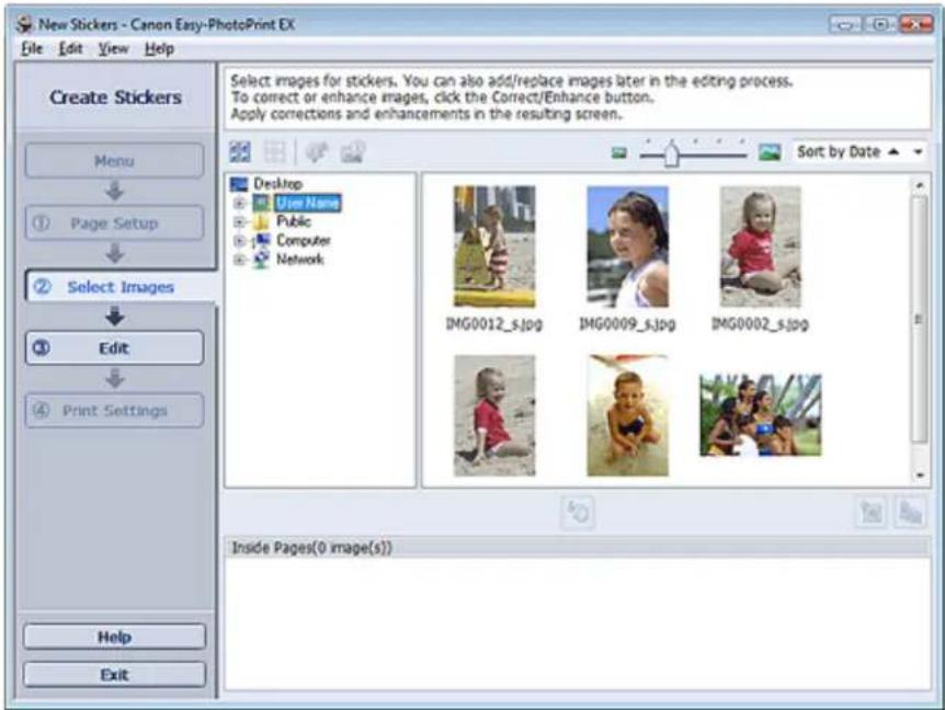 New Stickers - Canon Easy-PhotoPrint EX File Edit View Help Create Stickers Menu ① Page Setup ② Select Images ③ Edit ④ Print Settings Help Exit Select images for stickers. You can also add/replace images later in the editing process. To correct or enhance images, click the Correct/Enhance button. Ap…