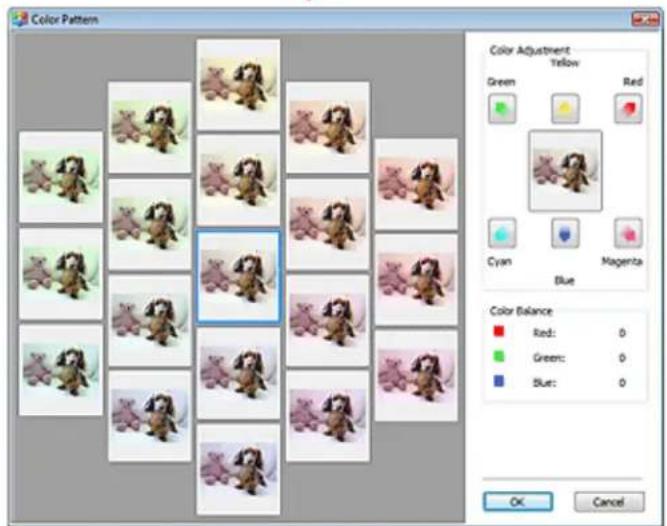 Color Pattern Color Adjustment Yellow Green Red Cyan Blue Magenta Color Balance Red: 0 Green: 0 Blue: 0 OK Cancel