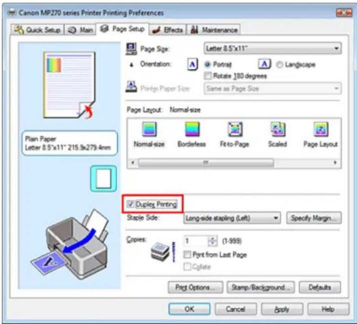 Canon MP270 series Printer Printing Preferences Quick Setup Main Page Setup Effects Maintenance Page Size: Letter 8.5"x11" Orientation: A Potraj Landscape Rotate 180 degrees Print Paper Size: Same as Page Size Page Layout: Normal-size Normal-size Borderless Fit-to-Page Scaled Page Layout Duplex Prin…