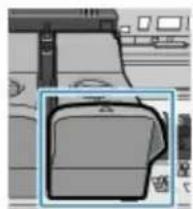 Illustration of a printer with a magnified view of the cover (no text or symbols visible)