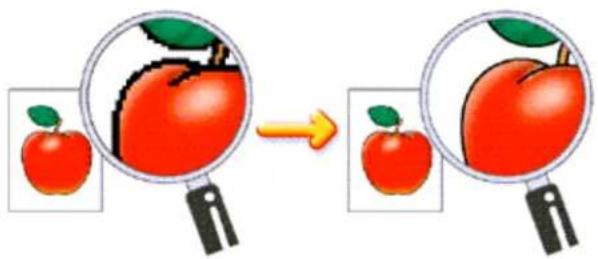 Illustration of a red apple being magnified from a box, showing the change from a leafy to a whole (no text or symbols)