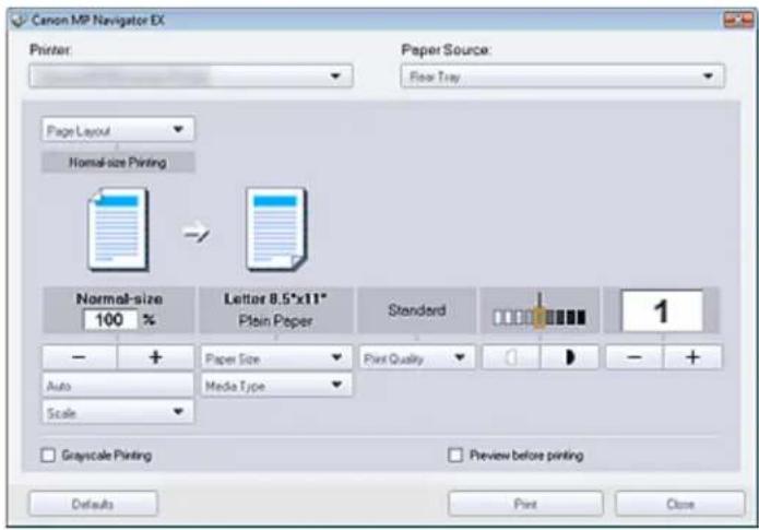 Canon MP Navigator ID Printer: Paper Source: Flue Tray Page Layout Normal-size Printing Normal-size 100 % Letter 8.5"x11" Plain Paper Standard - + Paper Size - Media Type Print Quality - + Auto Scale Grayscale Printing Preview before printing Defaults Print Close