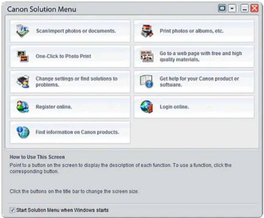 Canon Solution Menu Scan/import photos or documents. Print photos or albums, etc. One-Click to Photo Print Go to a web page with free and high quality materials. Change settings or find solutions to problems. Get help for your Canon product or software. Register online. Login online. Find informatio…