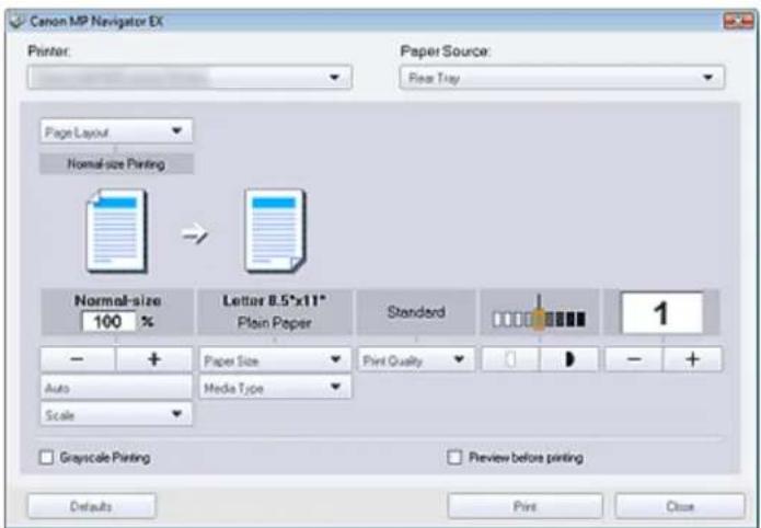 Canon MP Navigator EX Printer: Paper Source: Real Tray Page Layout Normal-size Printing Normal-size 100 % Letter 8.5"x11" Plain Paper Standard 1 Paper Size Print Quality Auto Media Type Scale Grayscale Printing Preview before printing Defaults Print Close